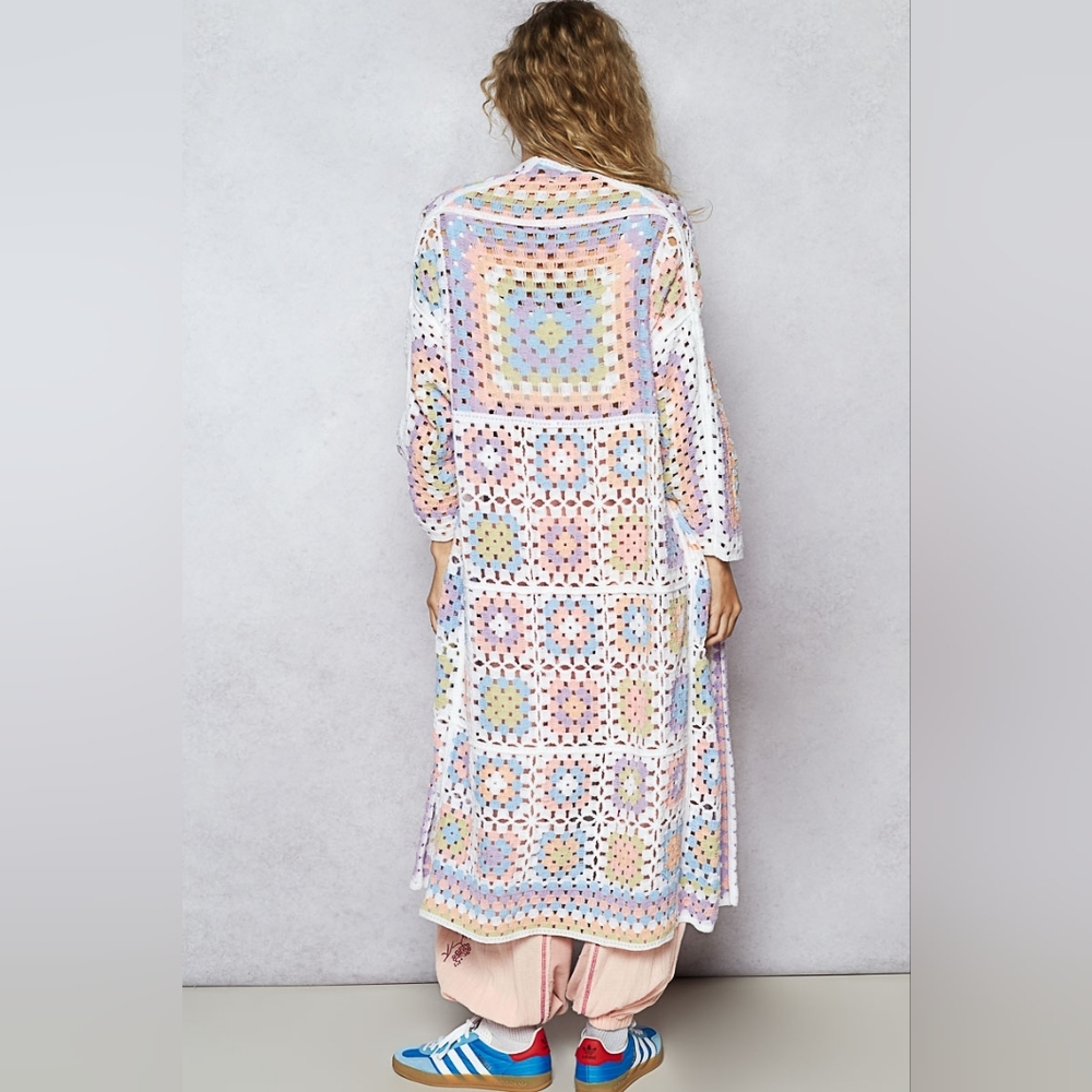 POL Pastel Crochet Granny Square Duster Kimono Cardigan OSFA